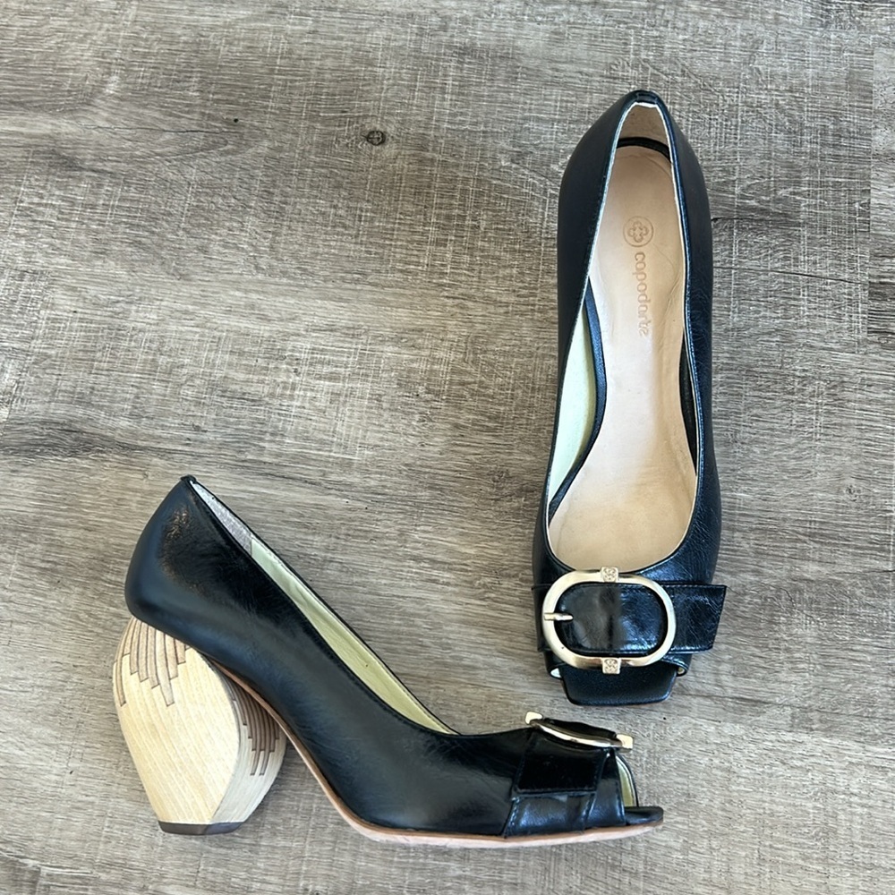 Caparros Black Leather Peep-Toe Heels with Sculpted Wood Heel